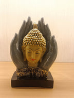 This Elegant Buddha Head Statue Is Designed Within Protective Hands, Symbolizing Peace, Divine Blessings
